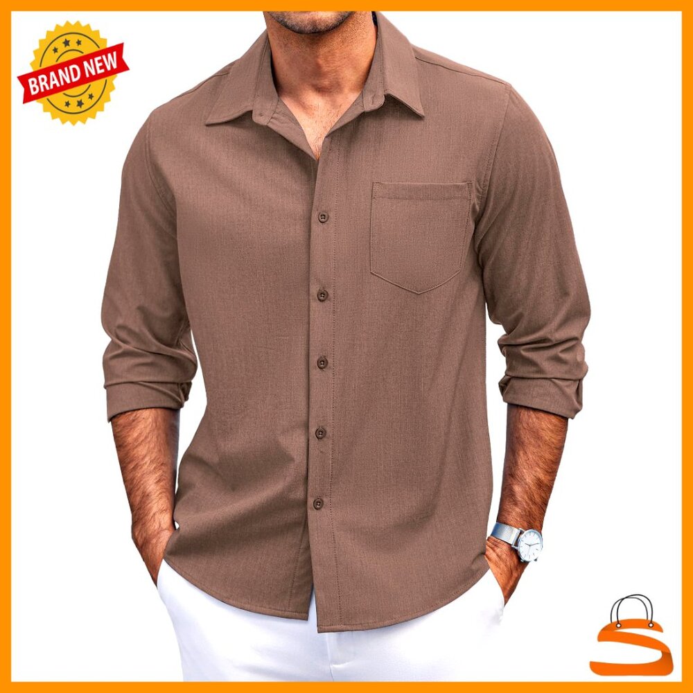 Men's Casual Button Down Shirt Long Sleeve Linen Style Regular Fit Untucked